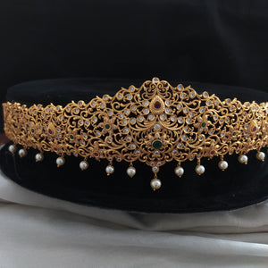 Enthralling Elegance Antique Hip-Belt with Multi-Stone Design and Pearl Drops
