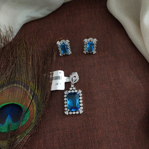 Rhodium Plated Pendant Set with Aqua Blue and Zircon Stones