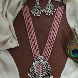 Designer Zircon Stone Mala Set with Pink Beads Pendant & Matching Earrings