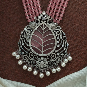 Designer Zircon Stone Mala Set with Pink Beads Pendant & Matching Earrings