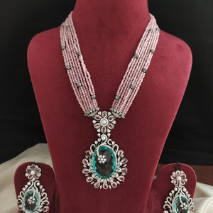 Victorian Black Rhodium Zircon Mala Set with Floral Pendant and Beads