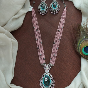 Black Finish Zircon Mala Set with Floral Pendant and Beads