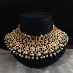 Antique Kundan Bridal Choker Set – Floral Design in Green and Baby Pink
