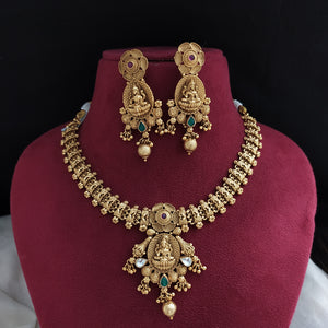"Antique Plain Gold Lakshmi Necklace Set with Matching Earrings"