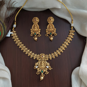 "Antique Plain Gold Lakshmi Necklace Set with Matching Earrings"