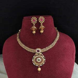 Antique Attigai Necklace Set with Pearls, Ruby, and Green Stones