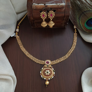 Antique Attigai Necklace Set with Pearls, Ruby, and Green Stones