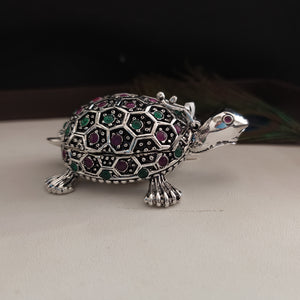Elegant Tortoise-Shaped Kumkum Box in German Silver with Kemp and Green Stones