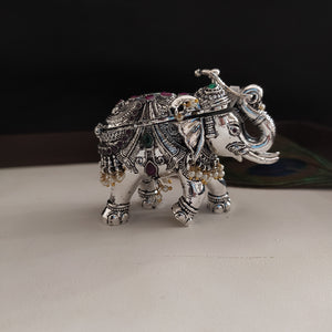 Elephant Design Kumkum Box in German Silver with Ruby, Green Stones, and Pearls