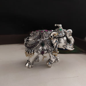 Elephant Design Kumkum Box in German Silver with Ruby, Green Stones, and Pearls