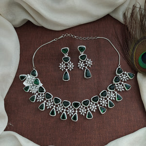 Exquisite Zircon Choker Necklace Set in Rhodium Finish - Available in Green, Baby Pink, Violet, and Blue