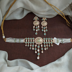Uncut Kundan Diamond Pearl Choker Set with Meenakari Work