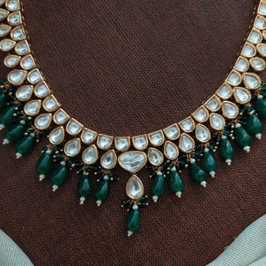 U-Shaped Kundan White Long Haram Set with Green Pear-Shaped Beads