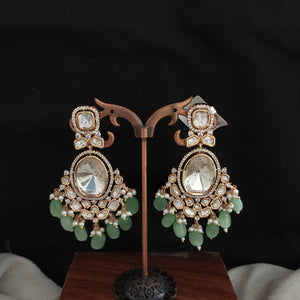 Elegant Big Stones Kundan Earrings with Bead Drops