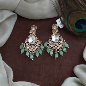 Elegant Big Stones Kundan Earrings with Bead Drops