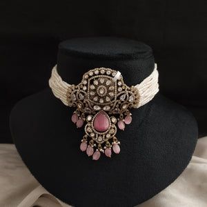 Elegant Victorian Pearl Choker with Moissanite and Doublet Stones