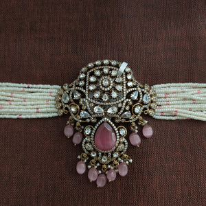 Elegant Victorian Pearl Choker with Moissanite and Doublet Stones