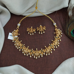 "Simple Antique Lakshmi Necklace Set with Pearls and Nagas Work"