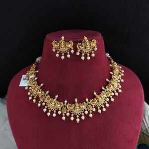 "Simple Antique Lakshmi Necklace Set with Pearls and Nagas Work"
