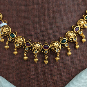 "Antique Floral Design Necklace Set with Kemp & Green Stones and Golden Ball Drops"