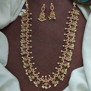 Simple Peacock Design Antique Haram Set with Pearls, Ruby, and Green Stones