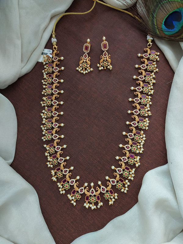 Simple Peacock Design Antique Haram Set with Pearls, Ruby, and