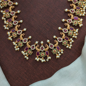 Simple Peacock Design Antique Haram Set with Pearls, Ruby, and Green Stones