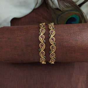 "Antique Mango-Shaped Bangles with Kemp and Green Stones"