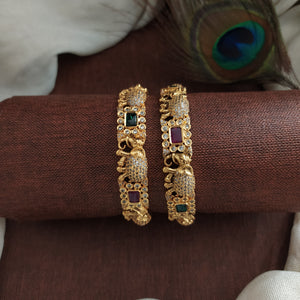 "Antique Elephant & Floral Design Bangles with Zircon, Kemp, and Green Stones - Sizes 2.4, 2.6, 2.8"