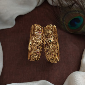 "Antique Gold Look Lakshmi Bangles with Peacock and Zircon Stones - All Standard Sizes Available"