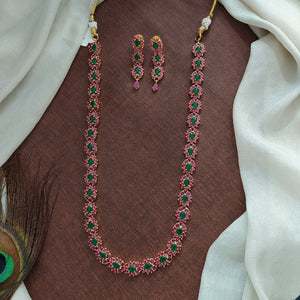 Gold-Plated Zircon Long Haram Set with Real Diamond-Color Stones - Available in 5 Stunning Variants