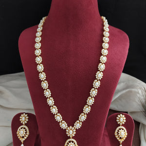 Gold-plated Floral Zircon Haram Set with Real Diamond-Look Stones in Pearls, White, Emerald, and Ruby