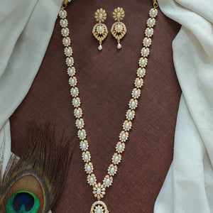 Gold-plated Floral Zircon Haram Set with Real Diamond-Look Stones in Pearls, White, Emerald, and Ruby