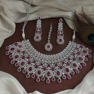 Bridal Zircon Choker Necklace Set | Rhodium Silver Finish | Green & Ruby | Real Diamond Look