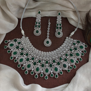 Bridal Zircon Choker Necklace Set | Rhodium Silver Finish | Green & Ruby | Real Diamond Look