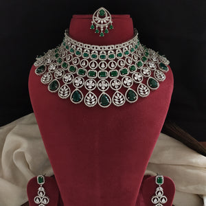 Bridal Zircon Choker Necklace Set | AD Stones | With Earrings & Tikka | Green, Red, Ruby, Blue & Violet