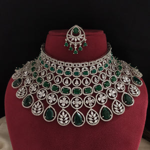 Bridal Zircon Choker Necklace Set | AD Stones | With Earrings & Tikka | Green, Red, Ruby, Blue & Violet