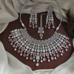 Bridal Zircon Choker Necklace Set | AD Stones | Baby Pink & Mint Pastel