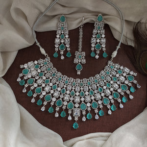 Bridal Zircon Choker Necklace Set | AD Stones | Baby Pink & Mint Pastel