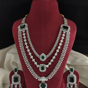 Zircon Layered Long Haram Set | Silver Rhodium Finish | Green & Ruby | Diamond Look