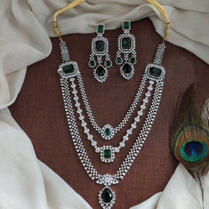 Zircon Layered Long Haram Set | Silver Rhodium Finish | Green & Ruby | Diamond Look