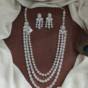 Triple Layered Zircon Long Haram Set | Silver Rhodium Finish | White Diamond Look