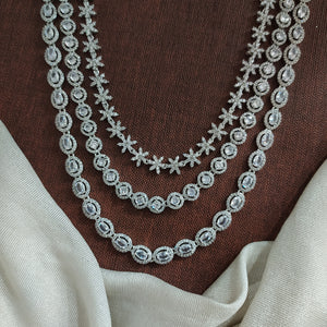 Triple Layered Zircon Long Haram Set | Silver Rhodium Finish | White Diamond Look