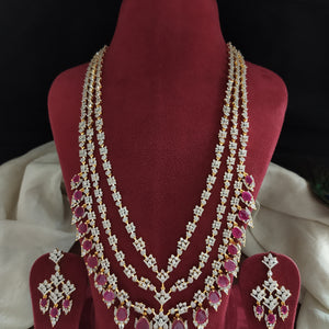 Triple Layer Zircon Long Haram Set | Gold Diamond Finish | White & Ruby Stones