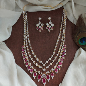Triple Layer Zircon Long Haram Set | Gold Diamond Finish | White & Ruby Stones