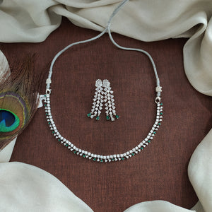 Sleek Zircon Necklace Set – Delicate AD Jewellery in White, Ruby & Green