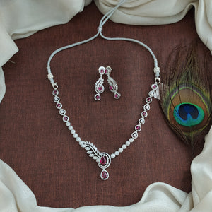 Designer Zircon Necklace Set | Rhodium Silver Finish | Elegant Diamond Look