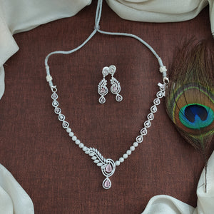 Designer Zircon Necklace Set | Rhodium Silver Finish | Elegant Diamond Look