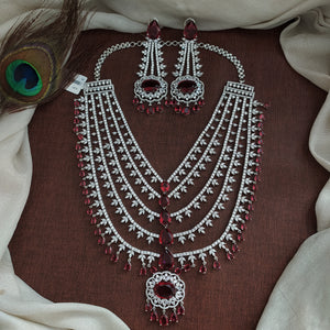 Grand Zircon Layered Necklace Set | Rhodium & Diamond Finish | Wedding Jewellery for Bride & Groom