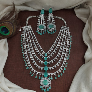 Grand Zircon Layered Necklace Set | Rhodium & Diamond Finish | Wedding Jewellery for Bride & Groom